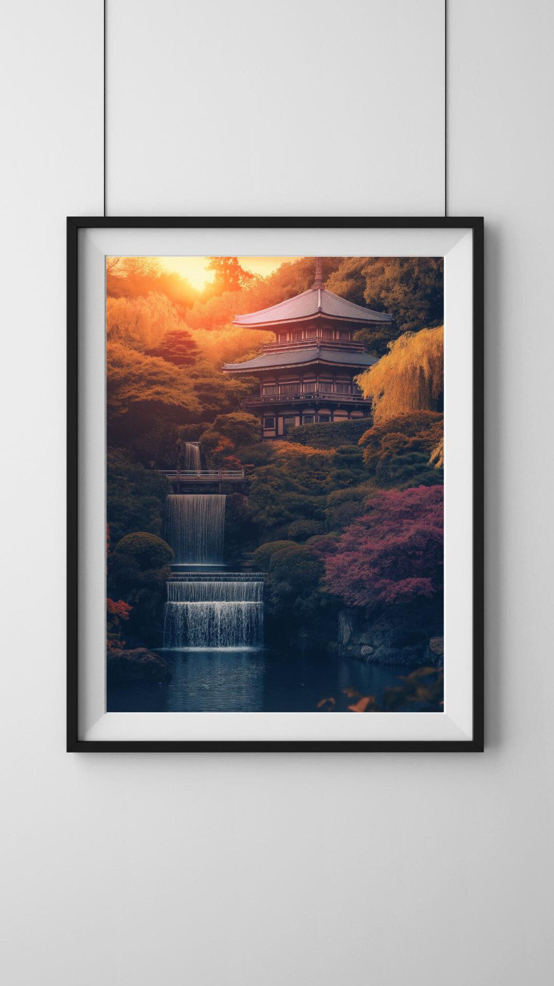 Japanese Pagoda by Waterfall at Sunset Autumn Garden Art Poster