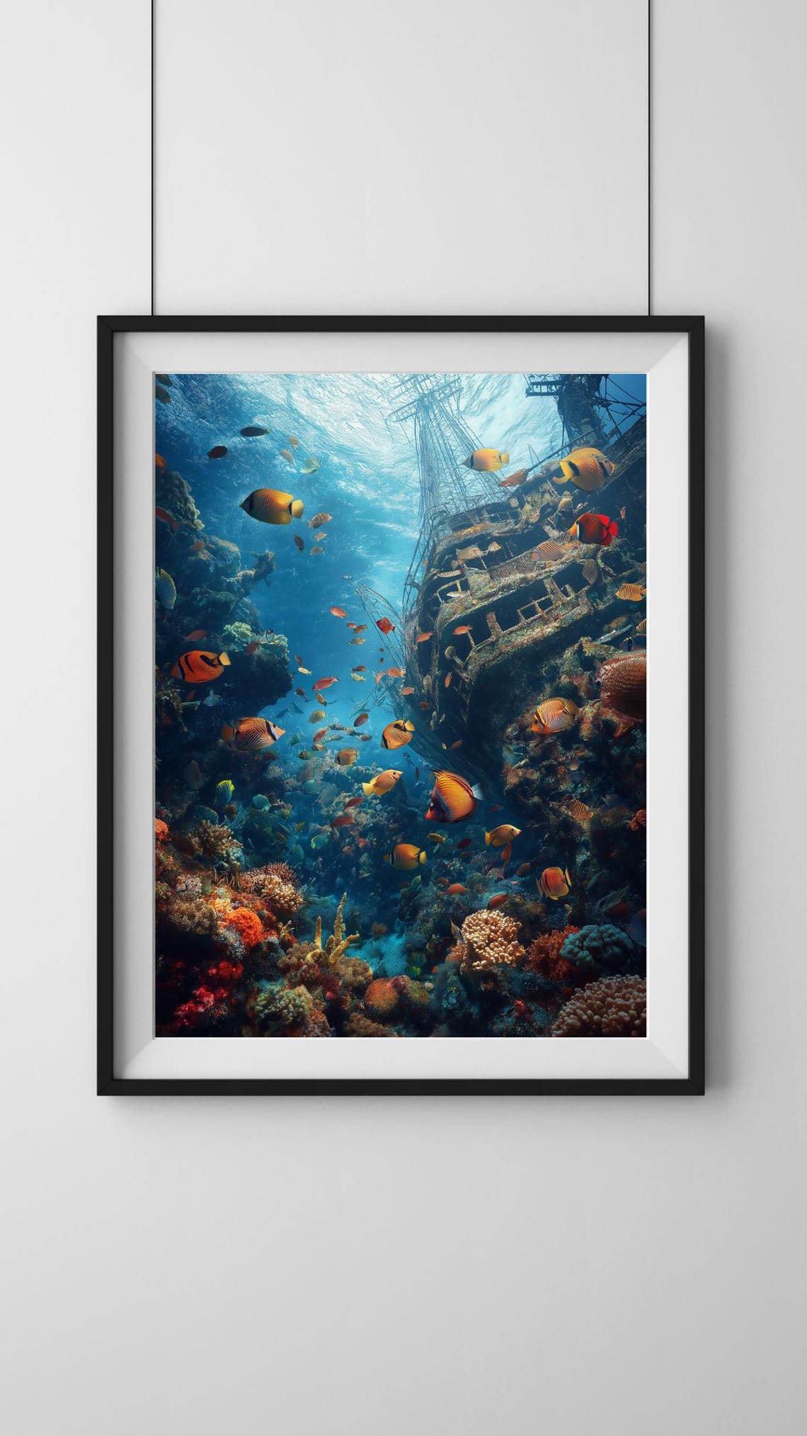 Sunken Shipwreck Surrounded By Coral Reef And Tropical Fish Poster