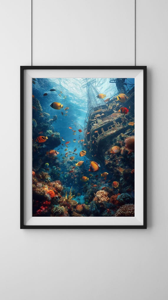 Fish Poster Coral Reef Print Underwater Art Shipwreck Wall Art Tropical Fish Print Diving Wall Art Ocean Poster Boat Poster