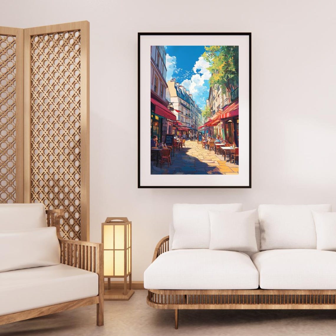 Sunny Paris Cafe Street With Red Awnings And Cobblestones Poster - Image 3