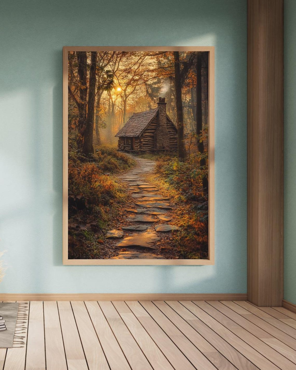 Log Cabin In Golden Autumn Forest At Sunset Along Stone Path Poster - Image 4