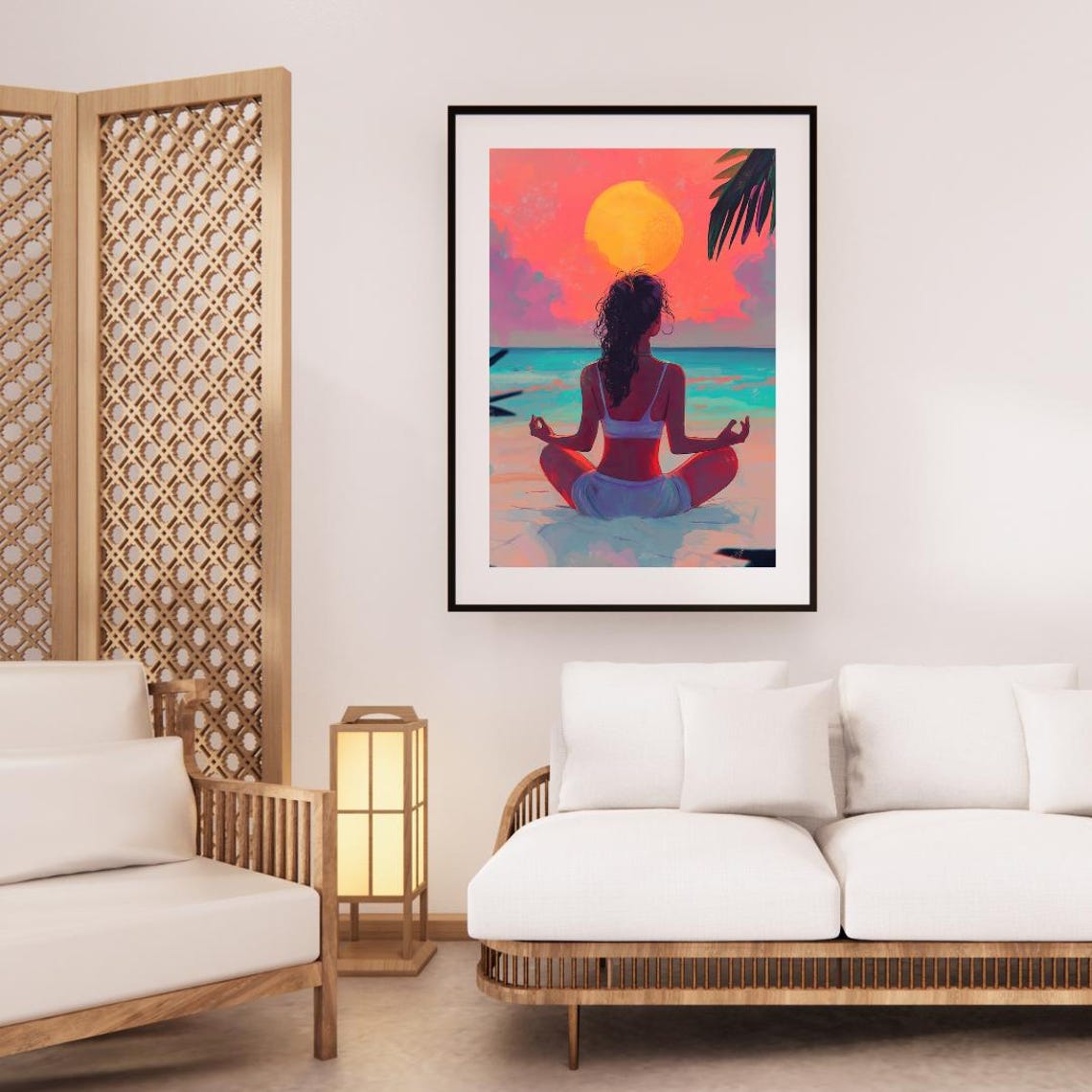 Woman Meditating Facing Giant Sunset Over Ocean Illustrated Poster - Image 3