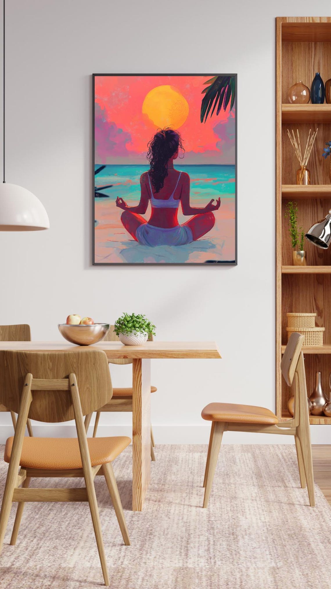 Woman Meditating Facing Giant Sunset Over Ocean Illustrated Poster - Image 2