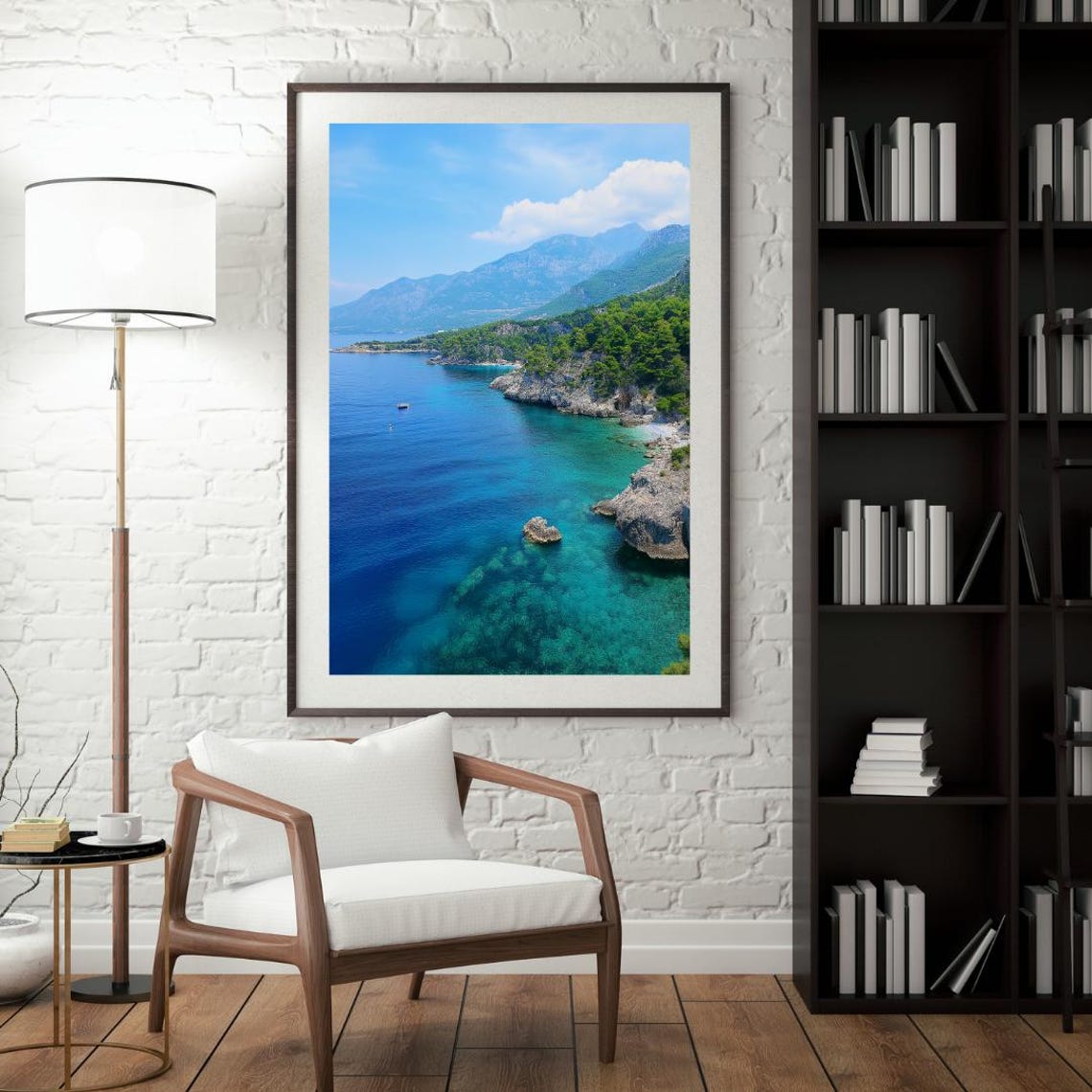 Turquoise Bay Rocky Coastline Cliffs And Green Mountains Photo Poster - Image 4