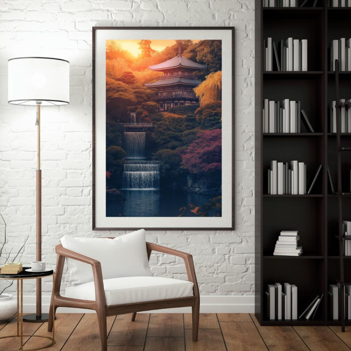 Japanese Pagoda by Waterfall at Sunset Autumn Garden Art Poster - Image 4