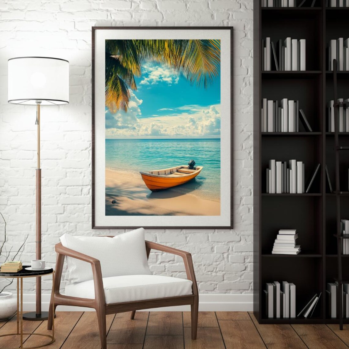Orange Fishing Boat On Tropical Beach Under Palm Fronds Poster - Image 4