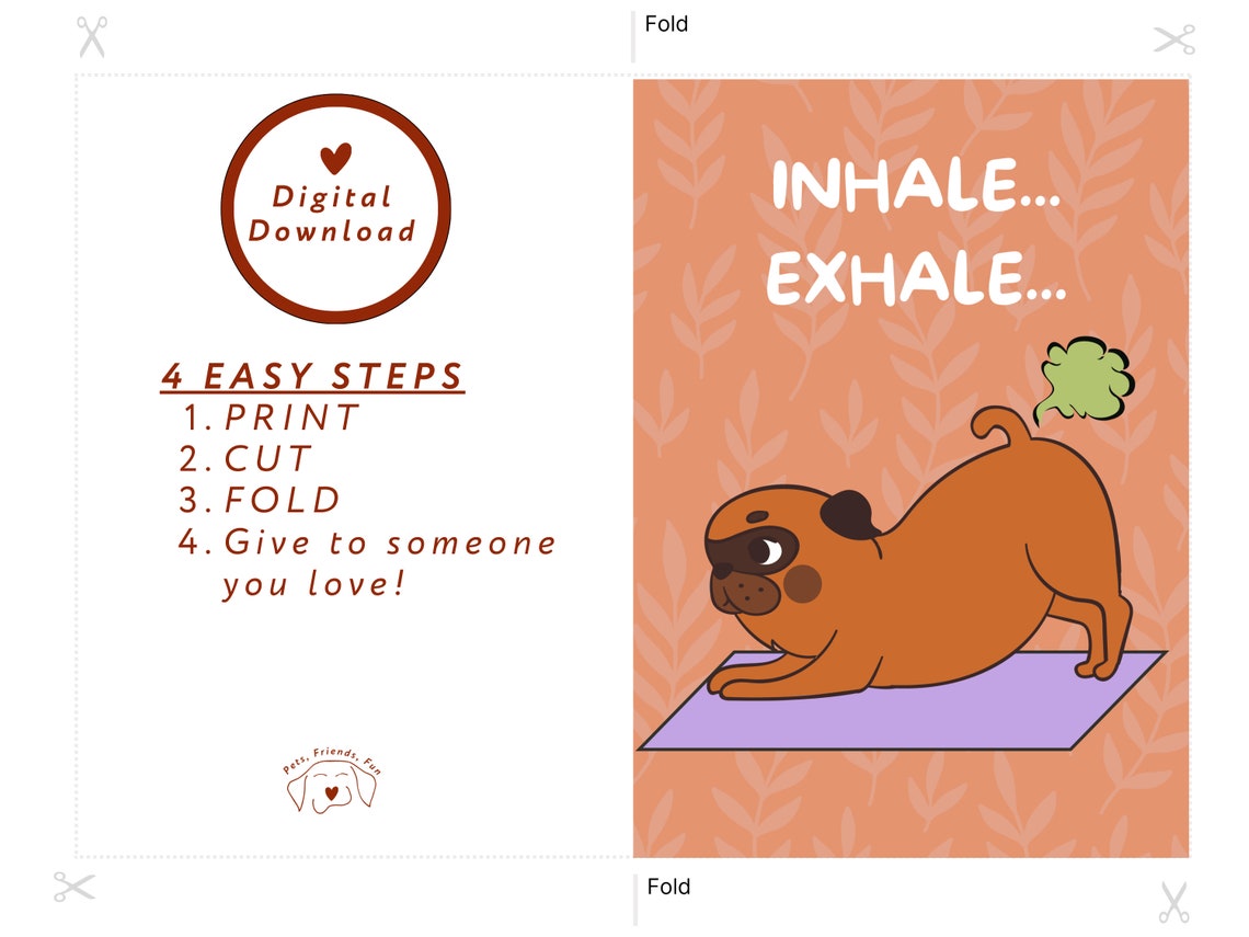 Dog Yoga Card Downward Dog Fart Pug Yoga Farting Dog Card Funny Dog Card 5x7 Greeting Card Instant - Image 2
