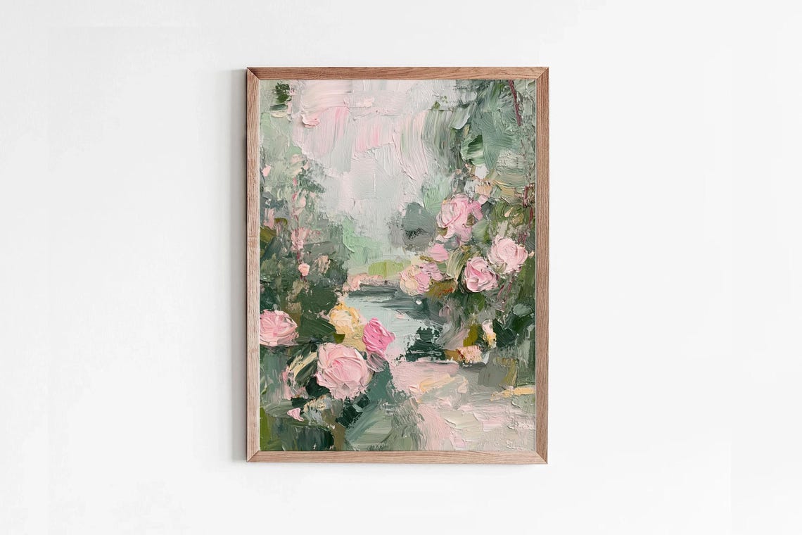 Pink Roses Impasto Garden Painting Romantic Floral Spring Wall Art - Image 2