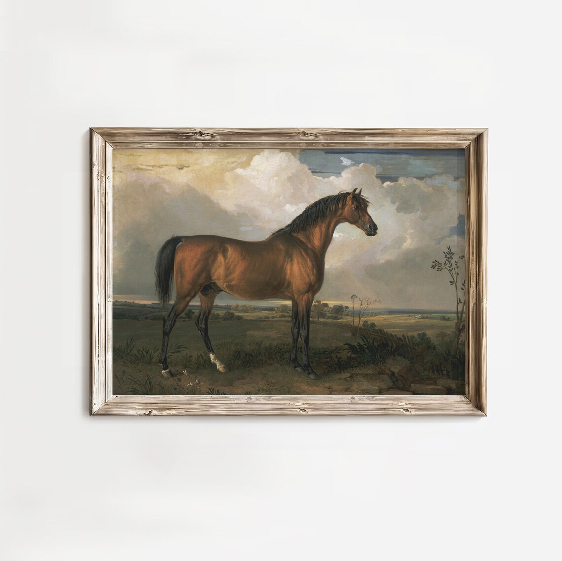 Vintage Bay Horse Portrait Equestrian Oil Painting Landscape Wall Art - Image 3