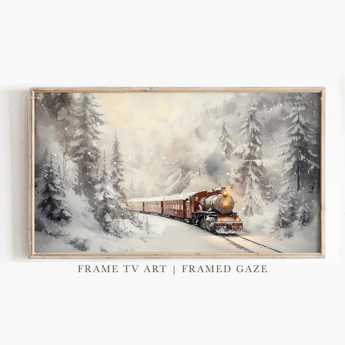 Red Steam Train Snowy Pine Forest Winter Christmas Holiday Wall Art