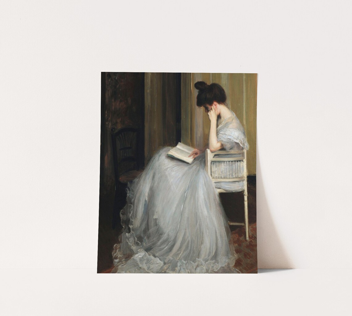 Woman in White Dress Reading Chair Vintage Classic Portrait Poster - Image 4