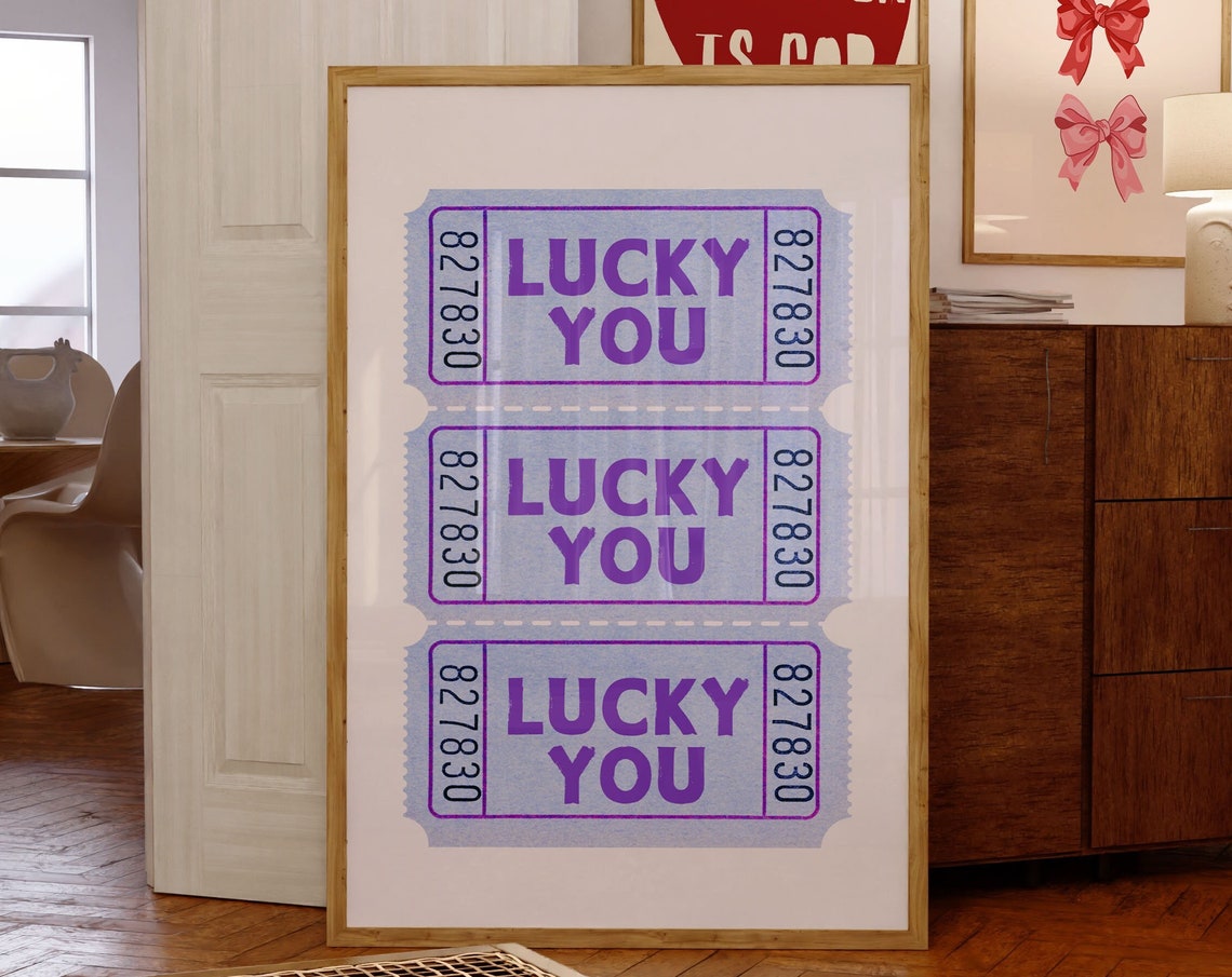 Lucky You Retro Raffle Ticket Typography Blue Trendy Wall Art - Image 4