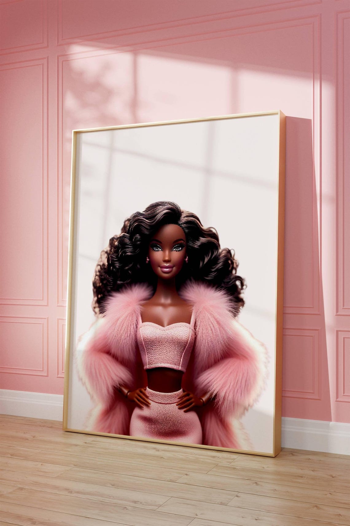 Retro Fashion Doll Pink Fur Coat Beauty Girly Room Wall Print