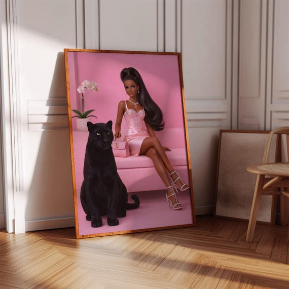 Fashion Doll With Black Panther On Pink Sofa Digital Art Print Printable Wall Decor