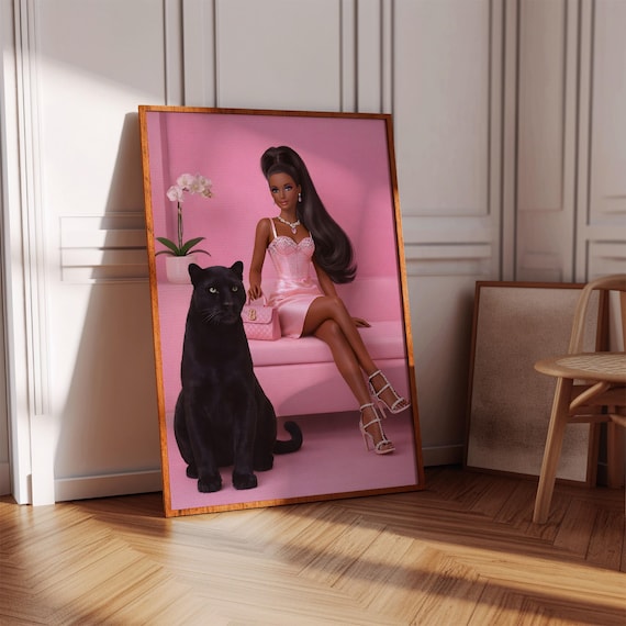 Fashion Doll With Black Panther Pink Sofa Glam Digital Art Poster