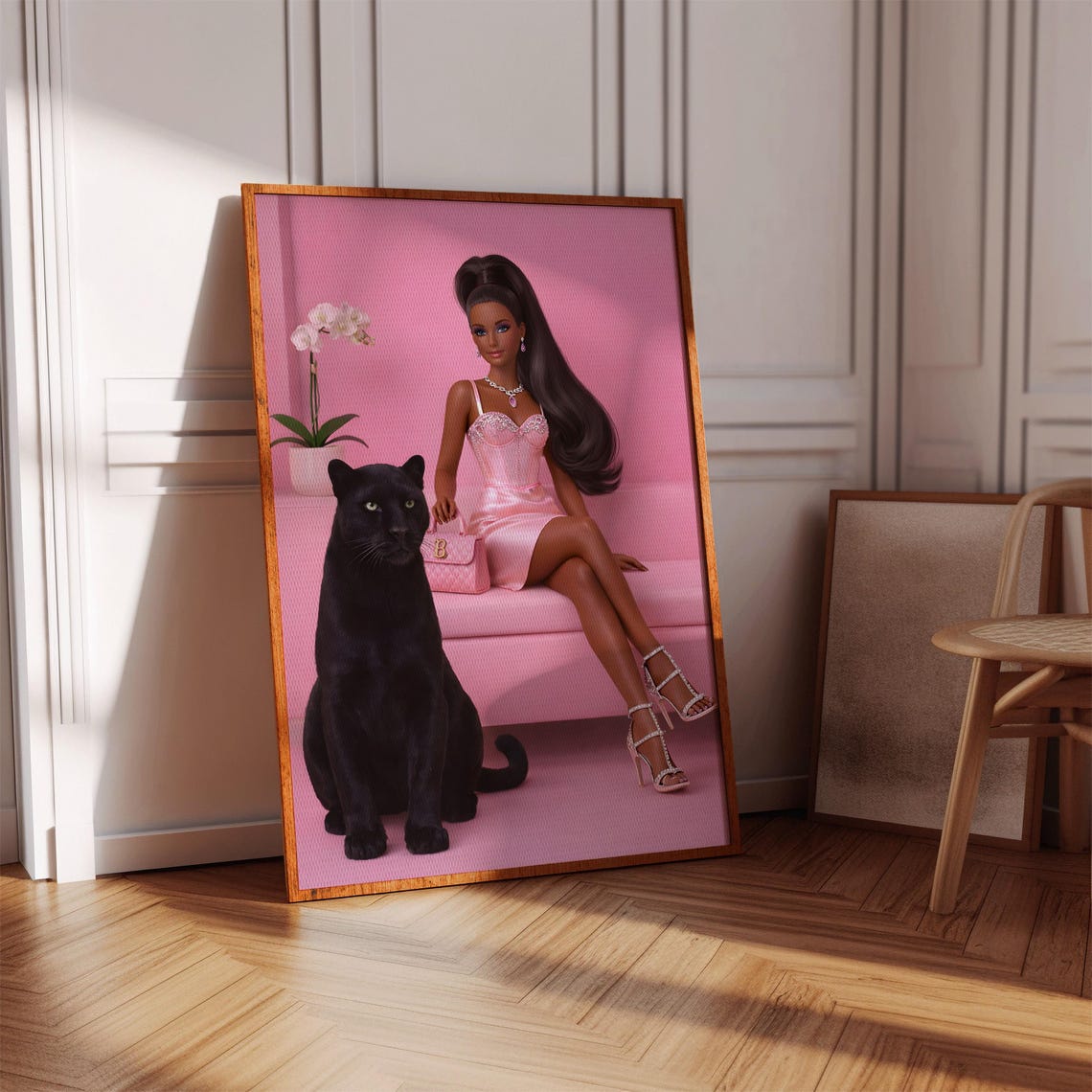 Fashion Doll With Black Panther Pink Sofa Glam Digital Art Poster