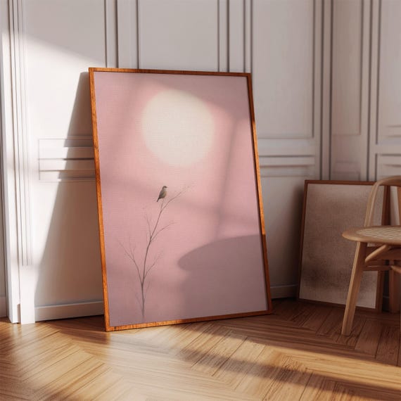 Pink Minimalist Bird Print Soft Nature Wall Art Neutral Bedroom Decor Poster