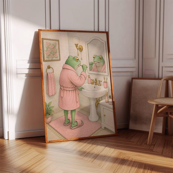 Frog Brushing Teeth Funny Bathroom Wall Art Instant Download