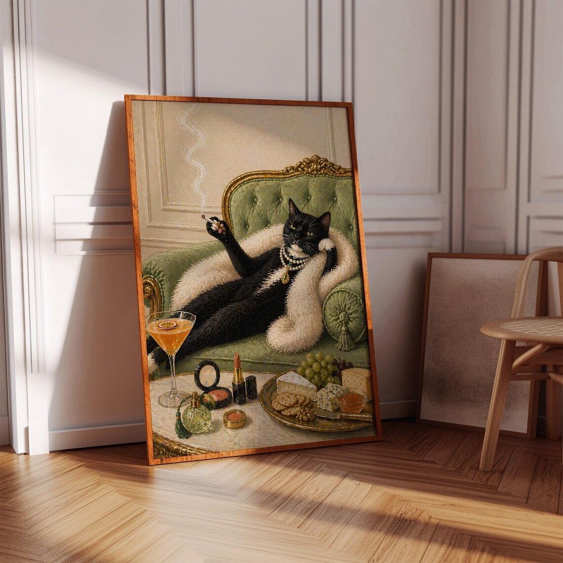Glamorous Black Cat Chaise Lounge Martini Vintage Oil Painting Poster