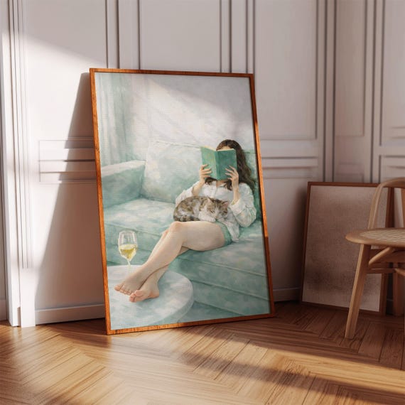 Green Wall Art Woman Reading Print Soft Girl Cozy Decor