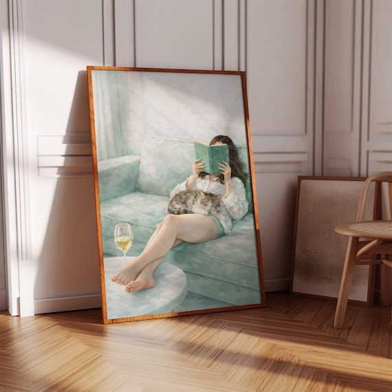 Woman Reading On Mint Couch Poster Cozy Book Lover Cat Art For Her