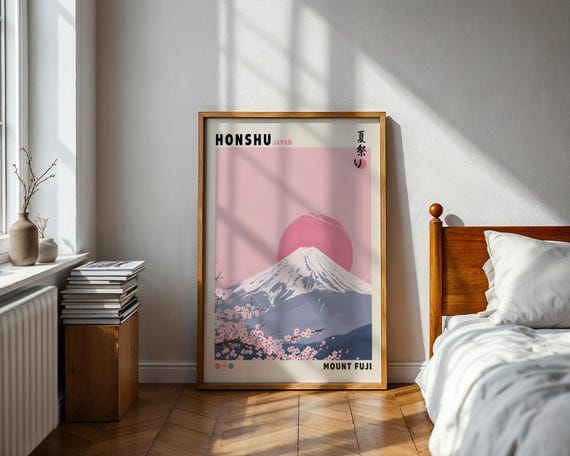 Japanese Poster Cherry Blossom Tree Mount Fuji Print Pink Wall Art