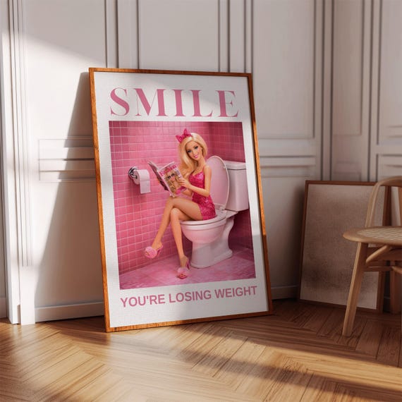 Funny Pink Doll Bathroom Poster Kitsch Girly Toilet Print Retro Decor Wall Art