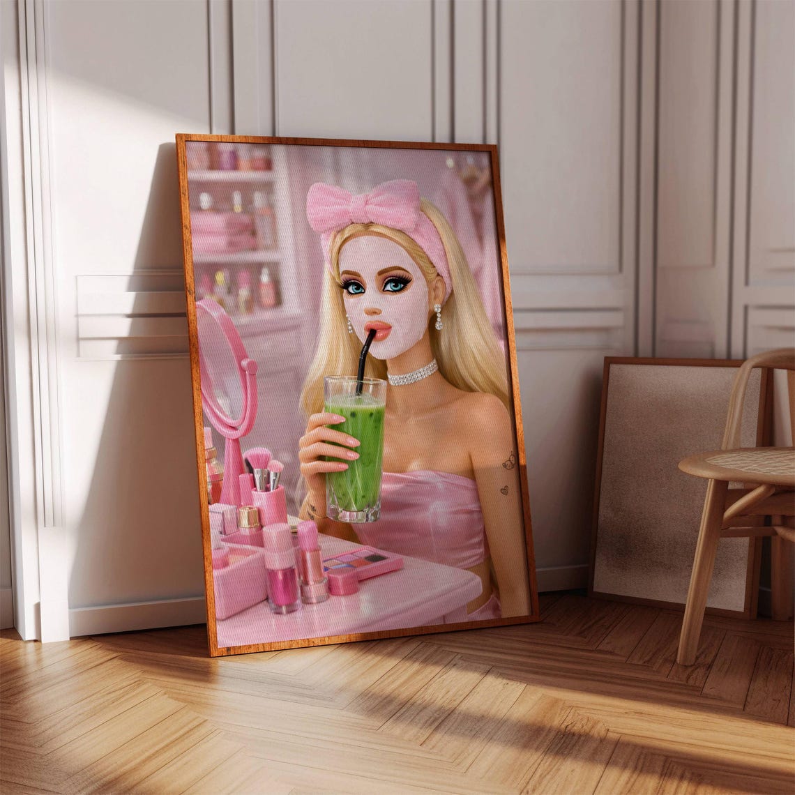 Blonde Spa Day Doll Pink Robe Green Smoothie Self Care Art Poster