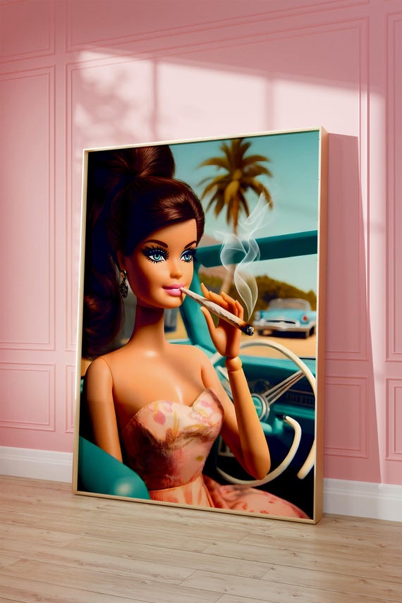 Girl Smoking Art Print Retro Brunette Doll Cannabis Poster Digital Download