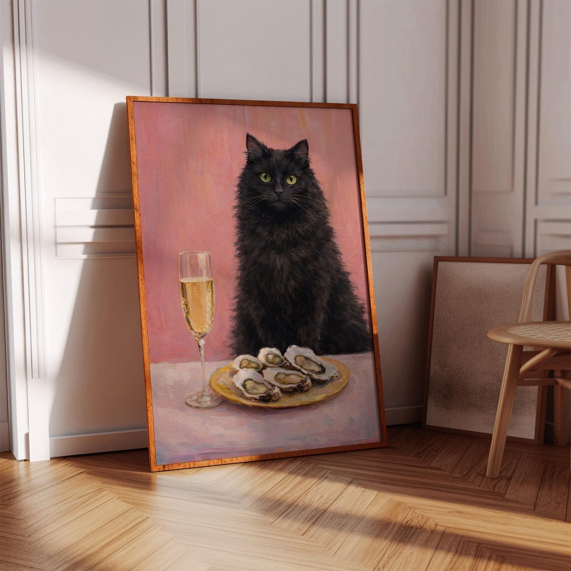 Black Cat With Champagne And Oysters Print Pink Funny Kitchen Decor