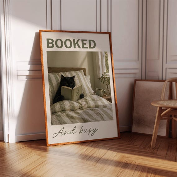 Cat Reading In Bed Print Green Wall Art Digital Download