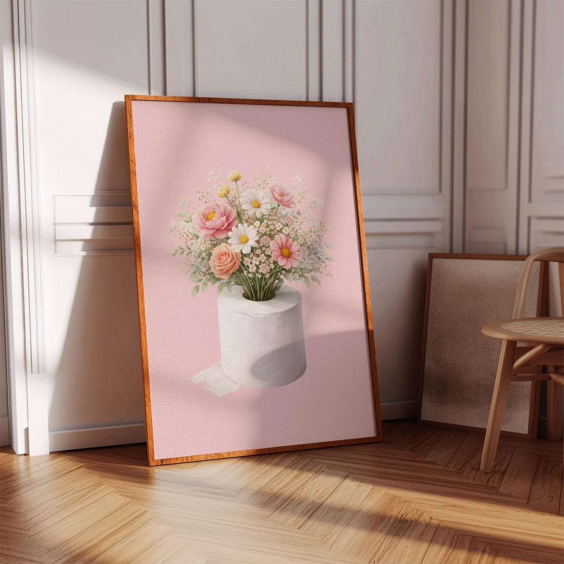 Pink Flower Bouquet Toilet Paper Roll Funny Bathroom Art Poster