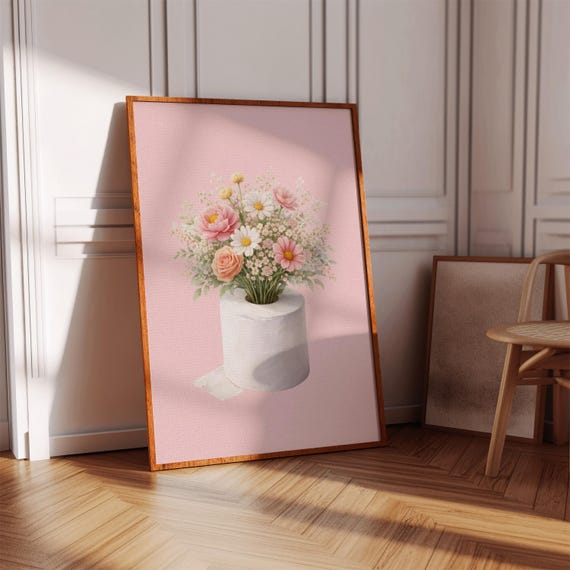Pastel Floral Bathroom Wall Art Printable Pink Bouquet Toilet Paper Decor