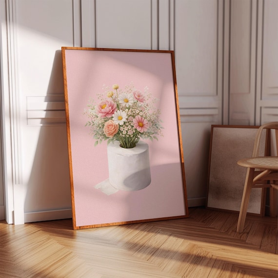 Pink Flower Bouquet Toilet Paper Roll Funny Bathroom Art Poster