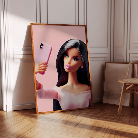 Black Hair Barbie Selfie Poster, Girly Wall Art