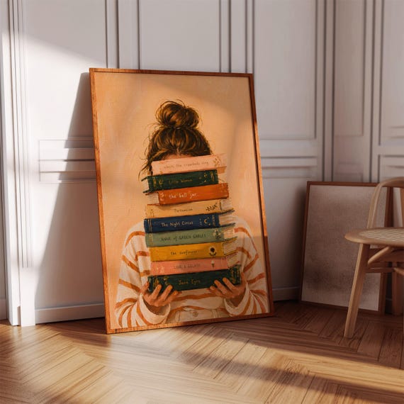 Orange Wall Art Woman Reading Print Soft Girl Cozy Decor