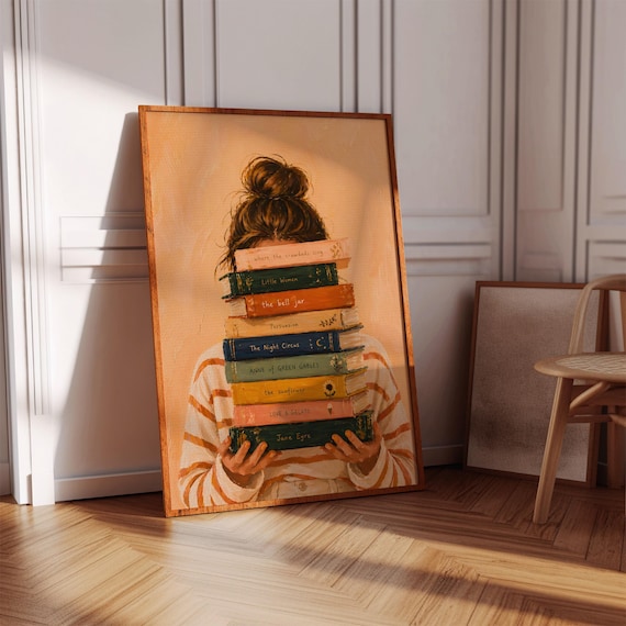 Woman Holding Book Stack Cozy Reader Illustration Wall Poster