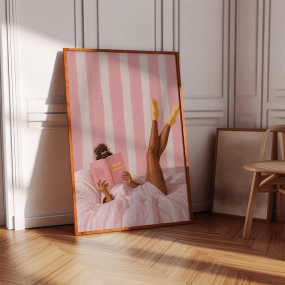 Woman Reading In Bed Cozy Bookworm Pink Girly Bedroom Decor Poster