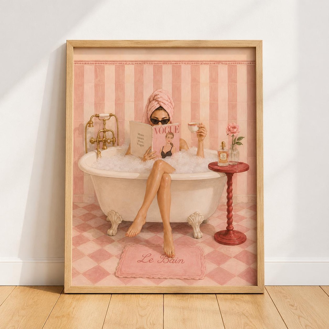 Chic Woman Bubble Bath Pink Bathroom Vogue Magazine Fashion Wall Poster