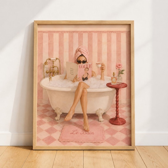 Chic Woman Bubble Bath Pink Bathroom Vogue Magazine Fashion Wall Poster