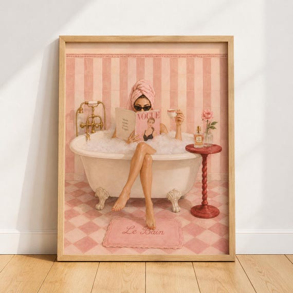 Pink Bathroom Wall Art Chic Bathtub Print Fashion Decor Coquette Printable Digital Download