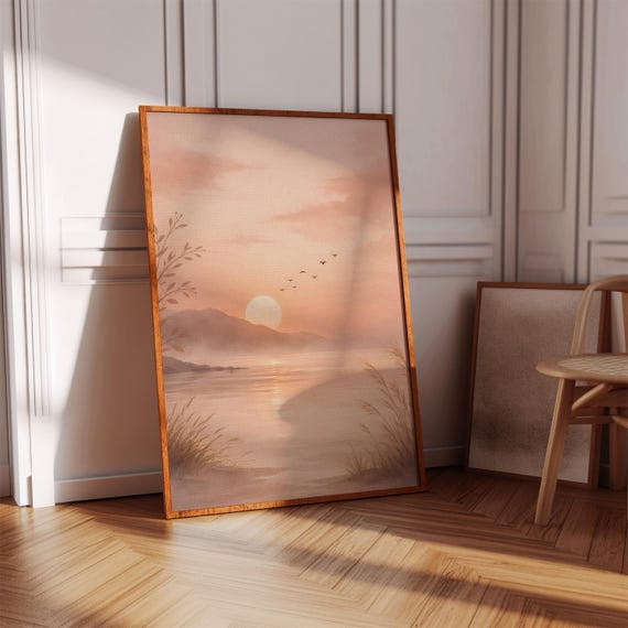 Peach Sunset Lake Print Minimalist Landscape Wall Art Mountain Nature Poster
