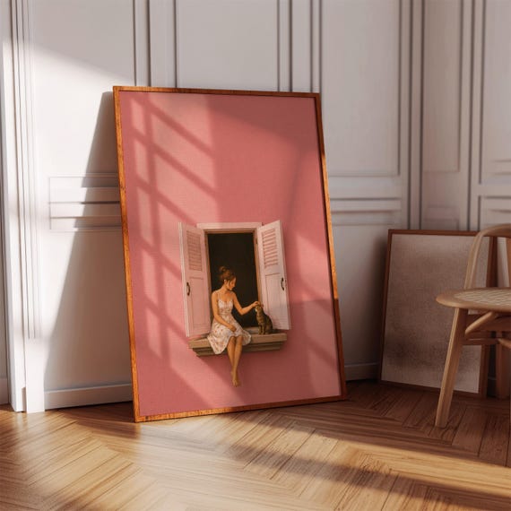 Pink Cat In The Window Poster, Cozy Bedroom Decor