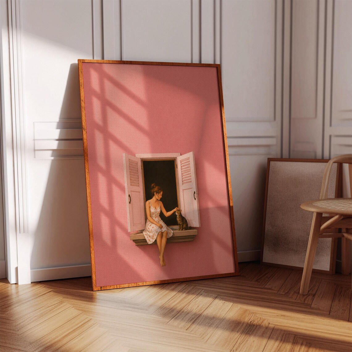 Pink Cat In The Window Poster, Cozy Bedroom Decor