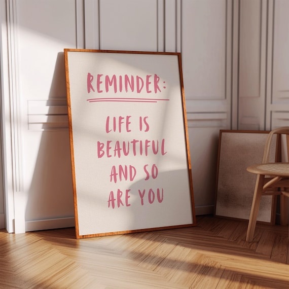 Life Is Beautiful Positive Quote Poster Pink Typography Wall Decor