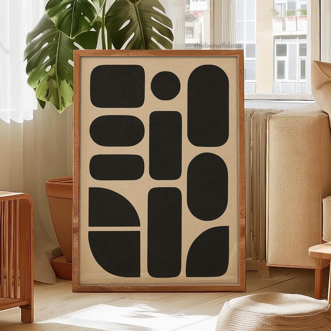 Beige Black Geometric Shapes Mid Century Modern Minimalist Print