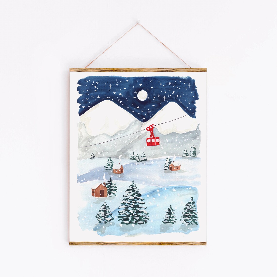 Winter Night Art Print, Ski Alps Holiday Decor - Image 2