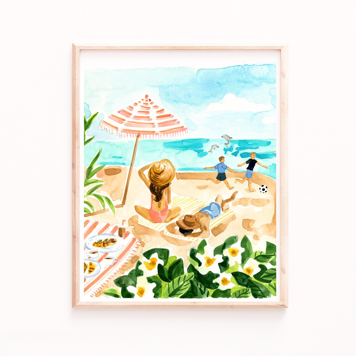 Family At The Beach Print, Retro Tropical Wall Art