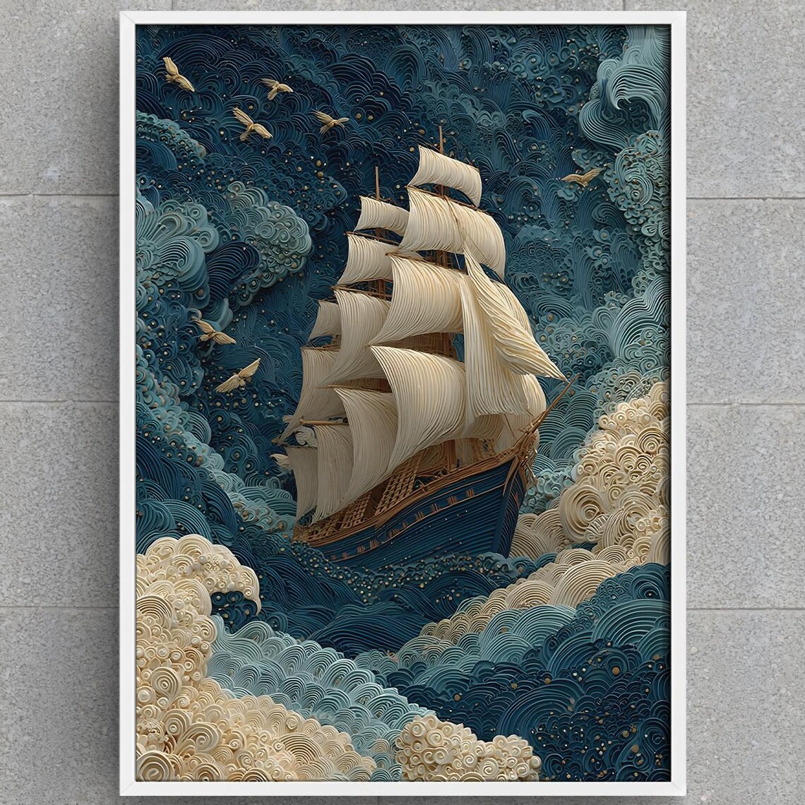 Majestic Tall Ship In Stylized Waves Paper Art Nautical Poster