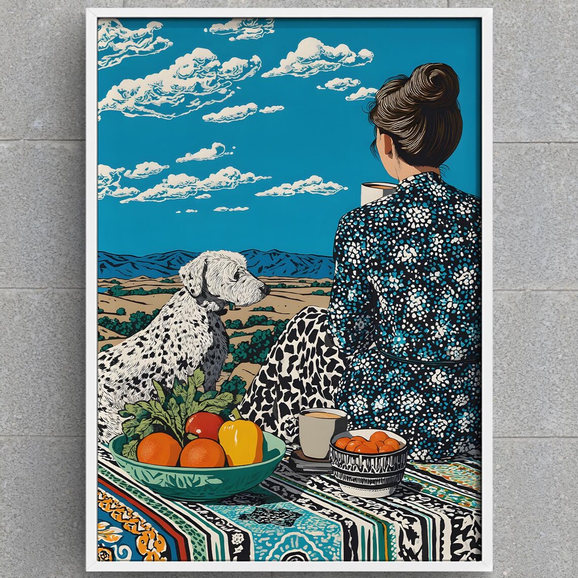 Retro Woman With Dalmatian Dog Sunny Picnic Still Life Art Print